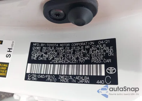 2021 Toyota Corolla Hybrid Le z USA, uszkodzony, nr VIN JTDEAMDE2MJ031797